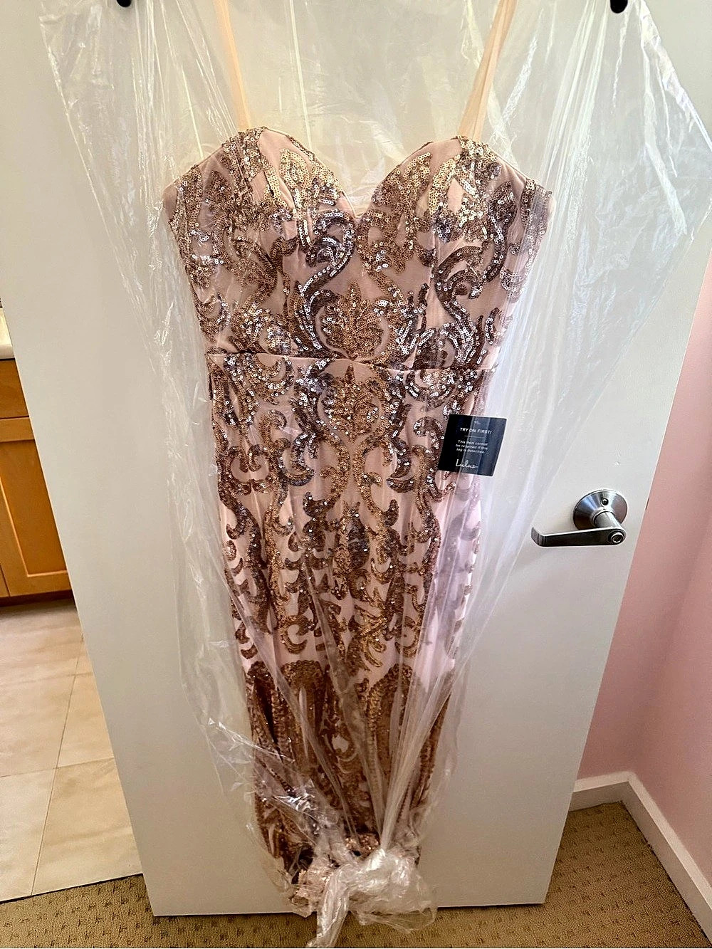 Lulus Elegant Encounter Rose Gold Sequin Maxi Dress